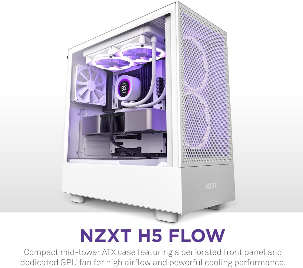 NZXT H5 Flow RGB ATX Tempered Glass Mid Tower (WHITE) Gaming Case NZXT H5 Flow RGB ATX Tempered Glass Mid Tower (WHITE) Gaming Case